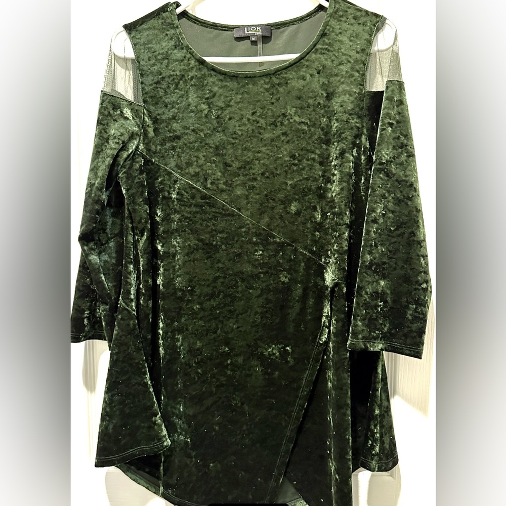 Lior Paris Crushed Velvet Tunic Top Green Illusion Shoulder Asymmetric
Hem M